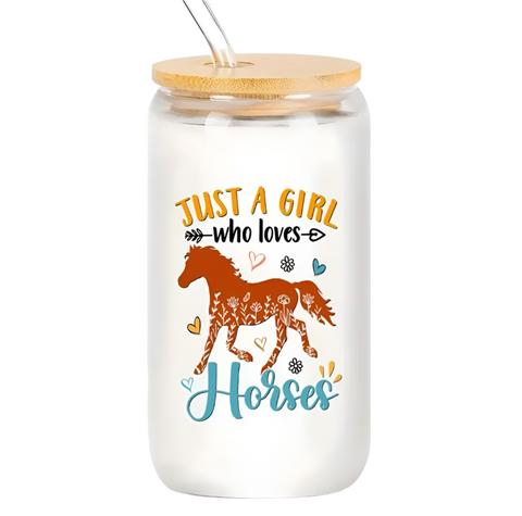 Horse Girl Glass Cup (16oz w/ Straw & Brush)